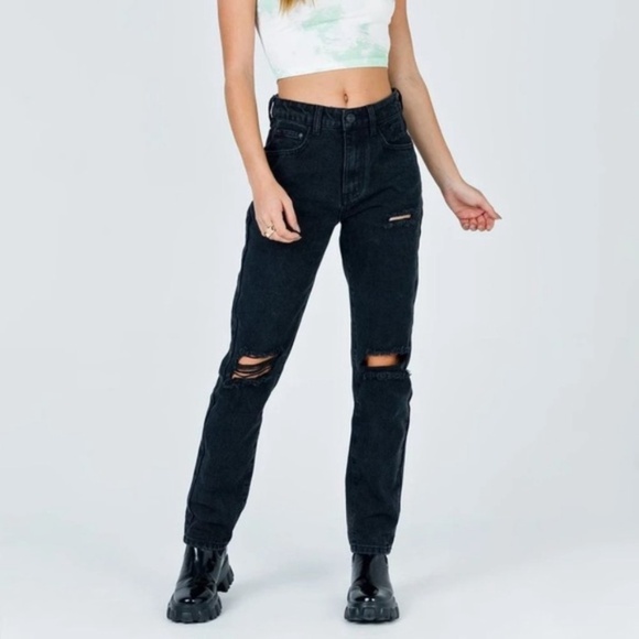 Princess Polly Hayden Black Distressed Jeans Size 4 High Rise Skater Grunge
